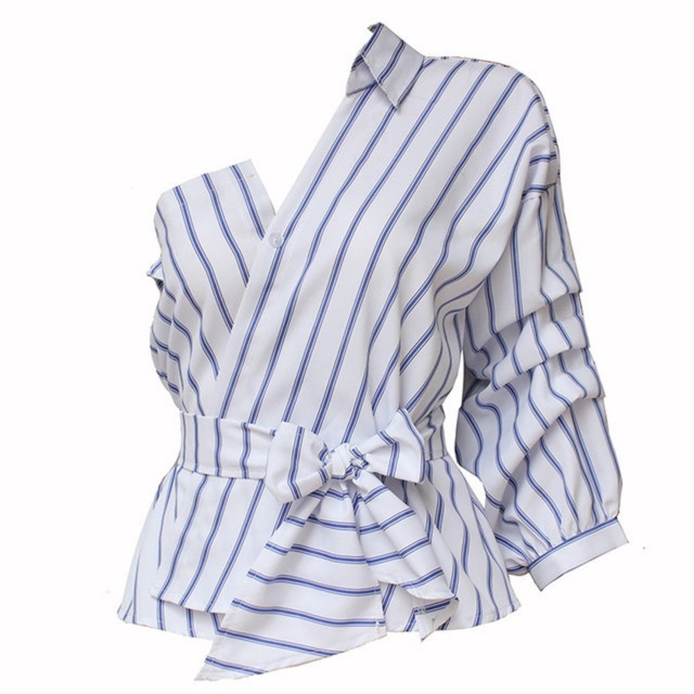 Striped One Shoulder Wrap Around Button Down Top
